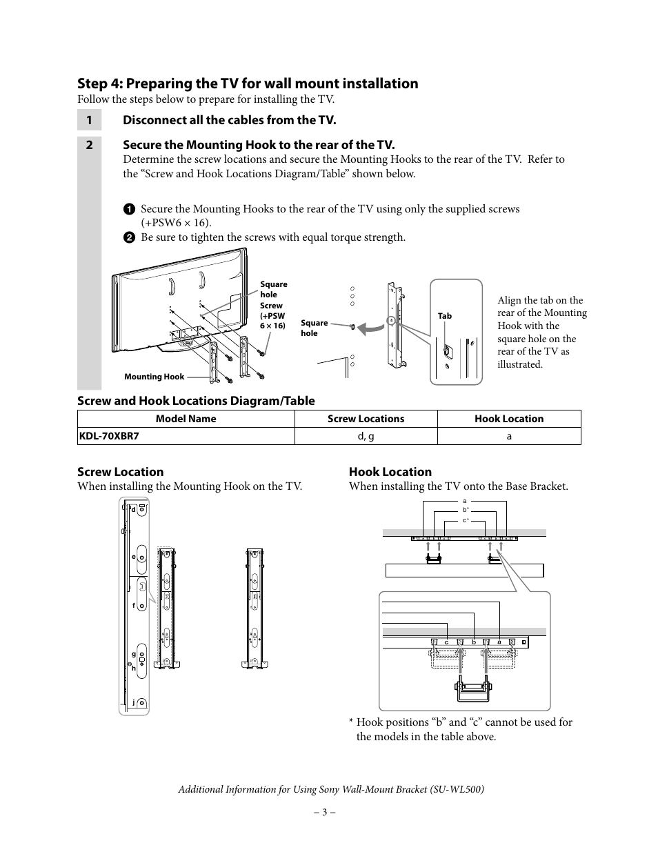 Screw and hook locations diagram/table, Screw location, Hook location | When installing the mounting hook on the tv, When installing the tv onto the base bracket | Sony KDL-70XBR7 User Manual | Page 3 / 5