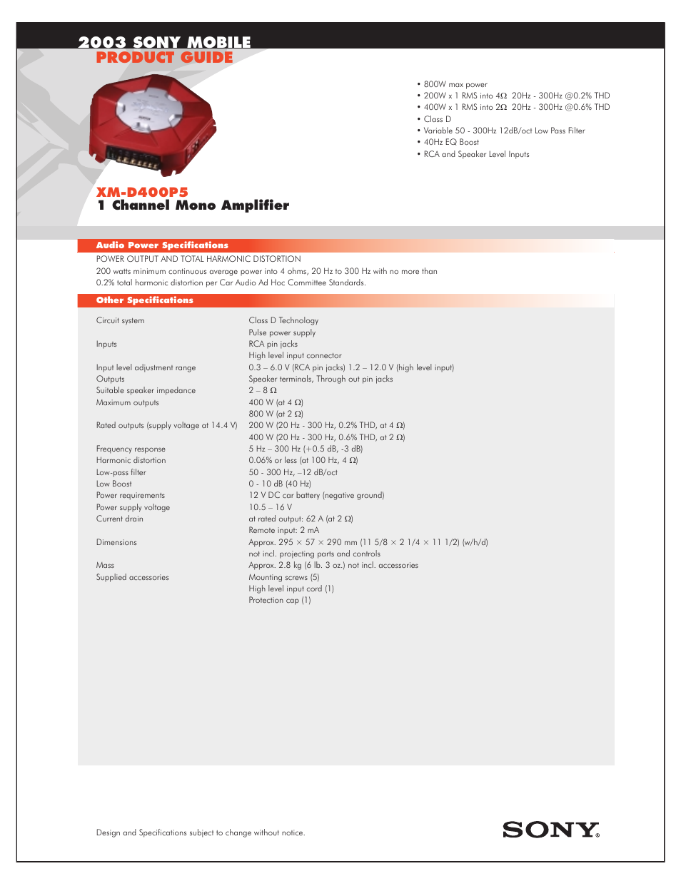 Sony XM-D400P5 User Manual | 2 pages