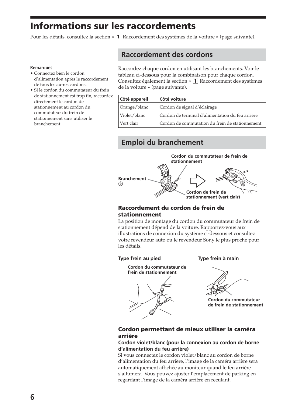 Informations sur les raccordements, Raccordement des cordons, Emploi du branchement | Sony XAV-A1 User Manual | Page 20 / 44