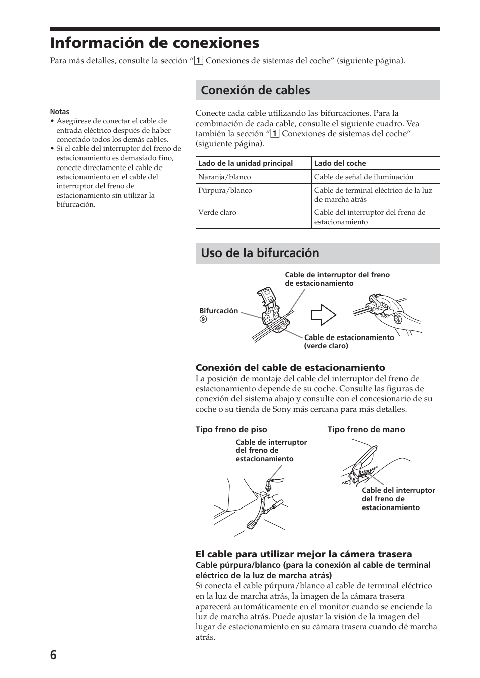 Información de conexiones, Conexión de cables, Uso de la bifurcación | Sony XAV-A1 User Manual | Page 34 / 44