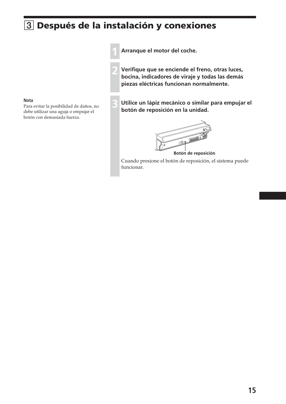 3 después de la instalación y conexiones, 3después de la instalación y conexiones | Sony XAV-A1 User Manual | Page 43 / 44