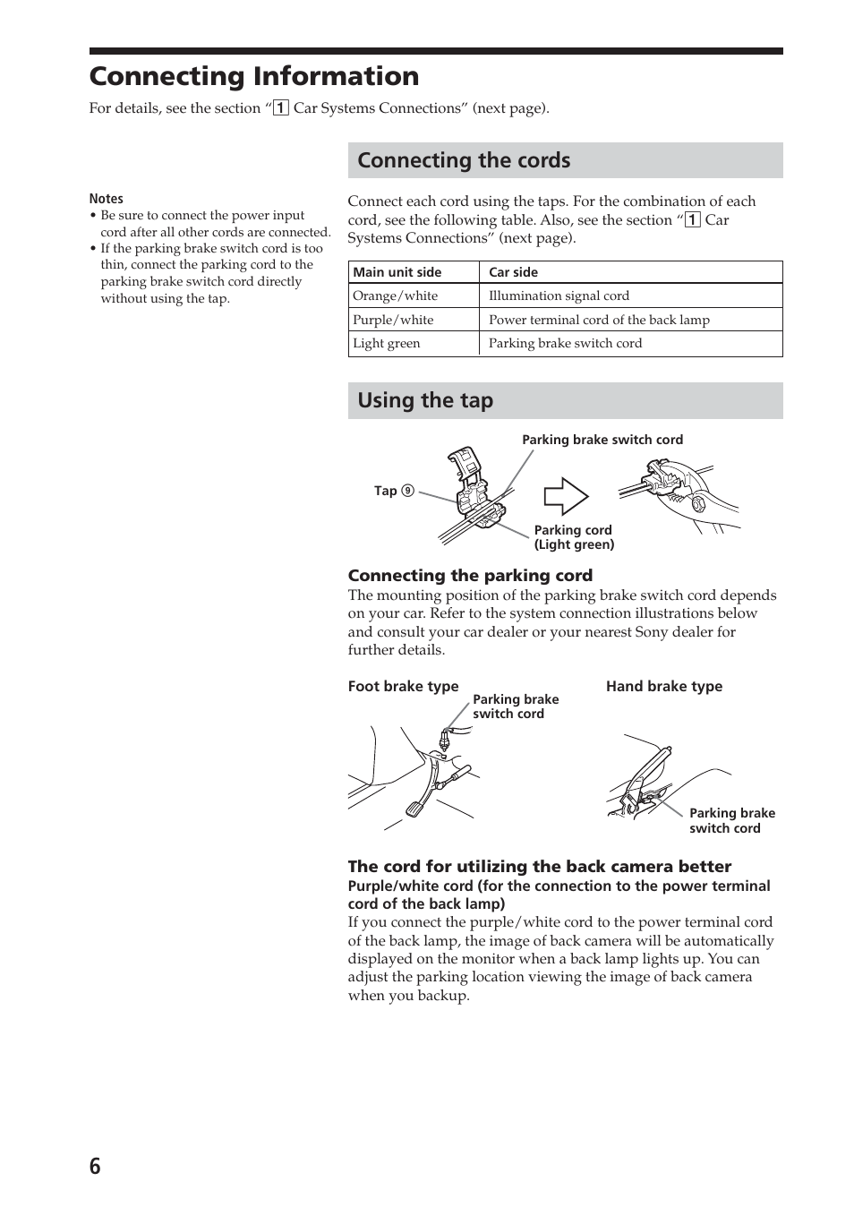 Connecting information, Connecting the cords, Using the tap | Sony XAV-A1 User Manual | Page 6 / 44