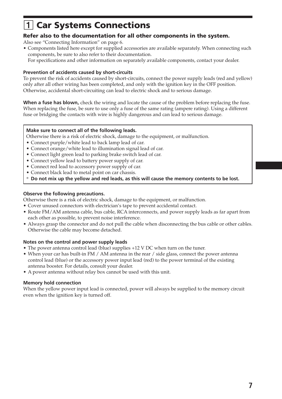 1 car systems connections, 1car systems connections | Sony XAV-A1 User Manual | Page 7 / 44