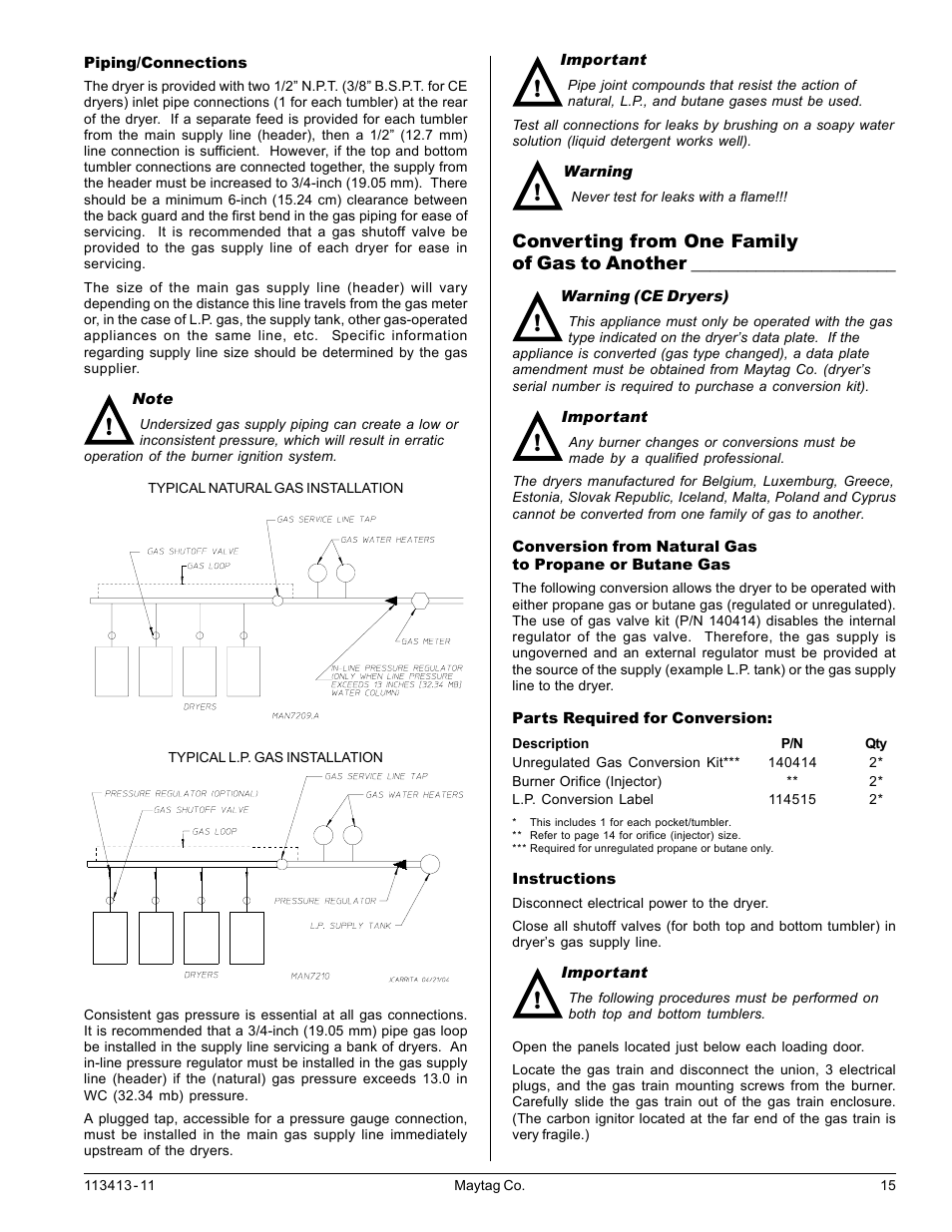 Converting from one family of gas to another | American Dryer Corp. MLG33 User Manual | Page 15 / 22