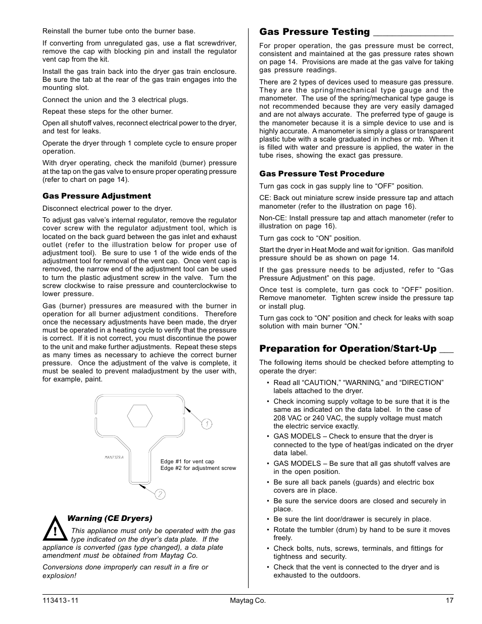 Gas pressure testing, Preparation for operation/start-up | American Dryer Corp. MLG33 User Manual | Page 17 / 22