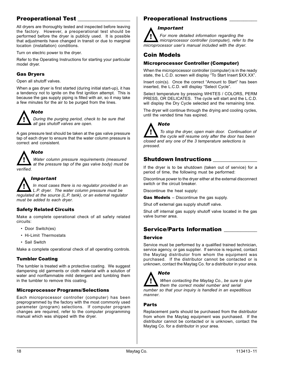 Preoperational test, Preoperational instructions, Shutdown instructions | Service/parts information, Service, Parts, Service parts | American Dryer Corp. MLG33 User Manual | Page 18 / 22