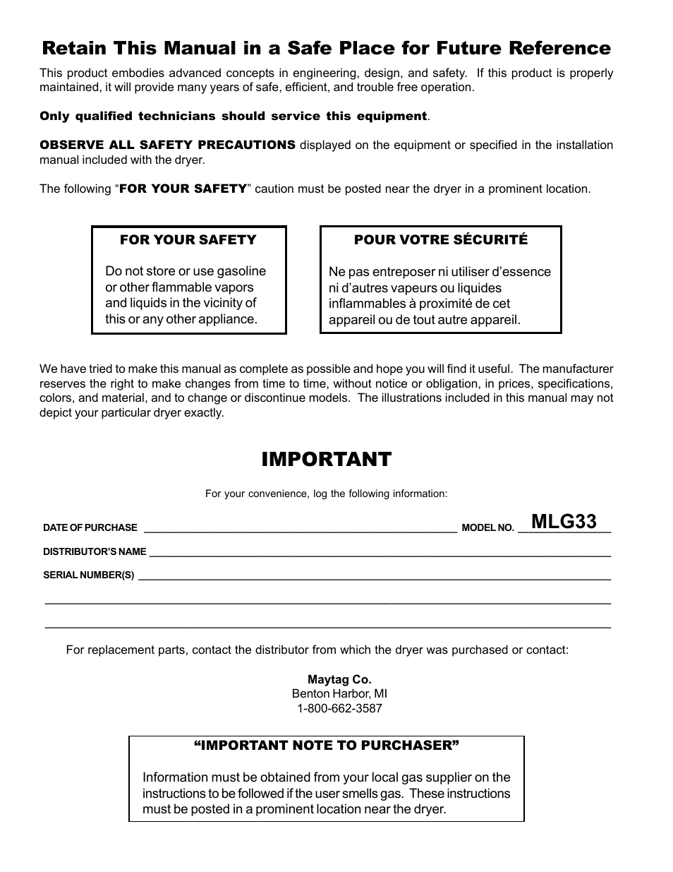 Important, Mlg33 | American Dryer Corp. MLG33 User Manual | Page 2 / 22