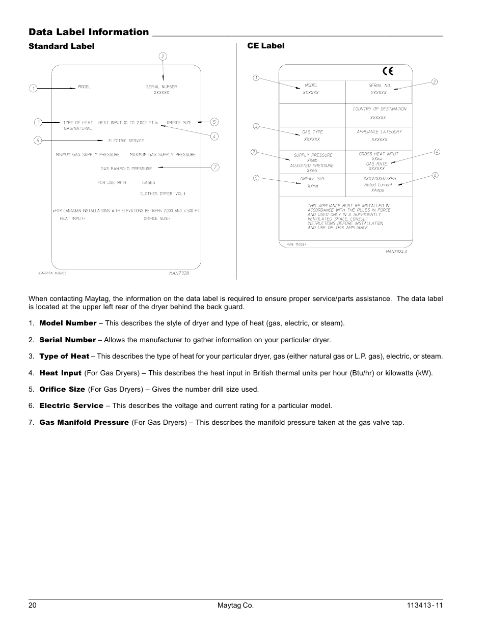 Data label information | American Dryer Corp. MLG33 User Manual | Page 20 / 22