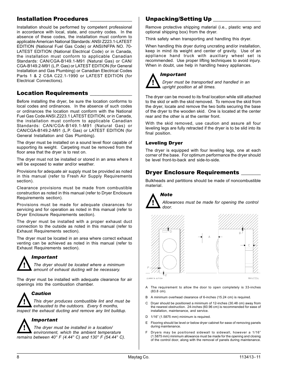 Installation procedures, Location requirements, Unpacking/setting up | Dryer enclosure requirements | American Dryer Corp. MLG33 User Manual | Page 8 / 22