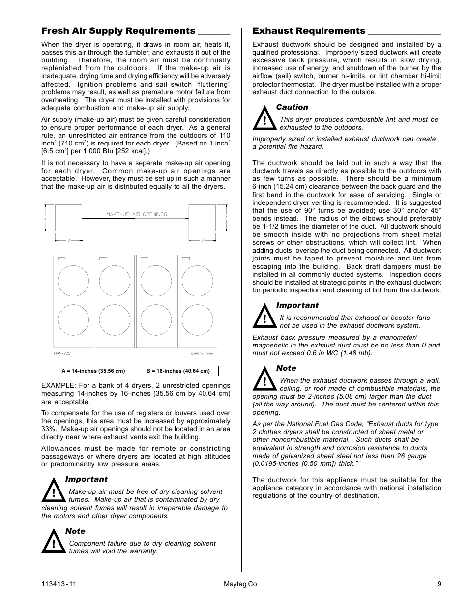 Fresh air supply requirements, Exhaust requirements, Fresh air supply requirements exhaust requirements | American Dryer Corp. MLG33 User Manual | Page 9 / 22