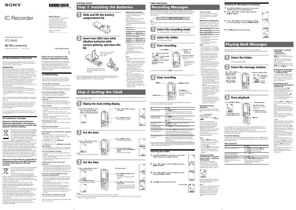 Sony ICD-B600 User Manual | 2 pages