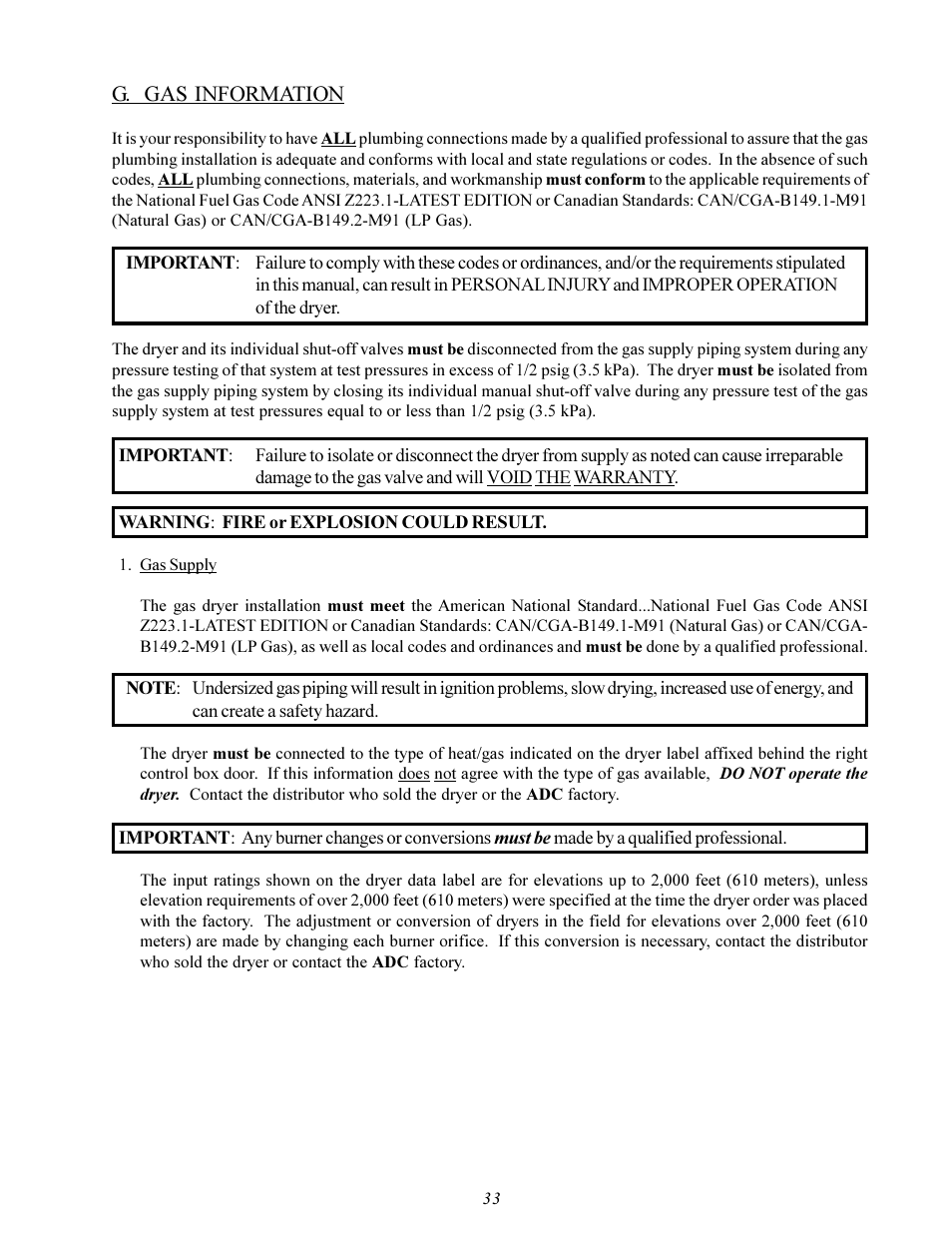 G. gas information | American Dryer Corp. AD-115ES User Manual | Page 37 / 67