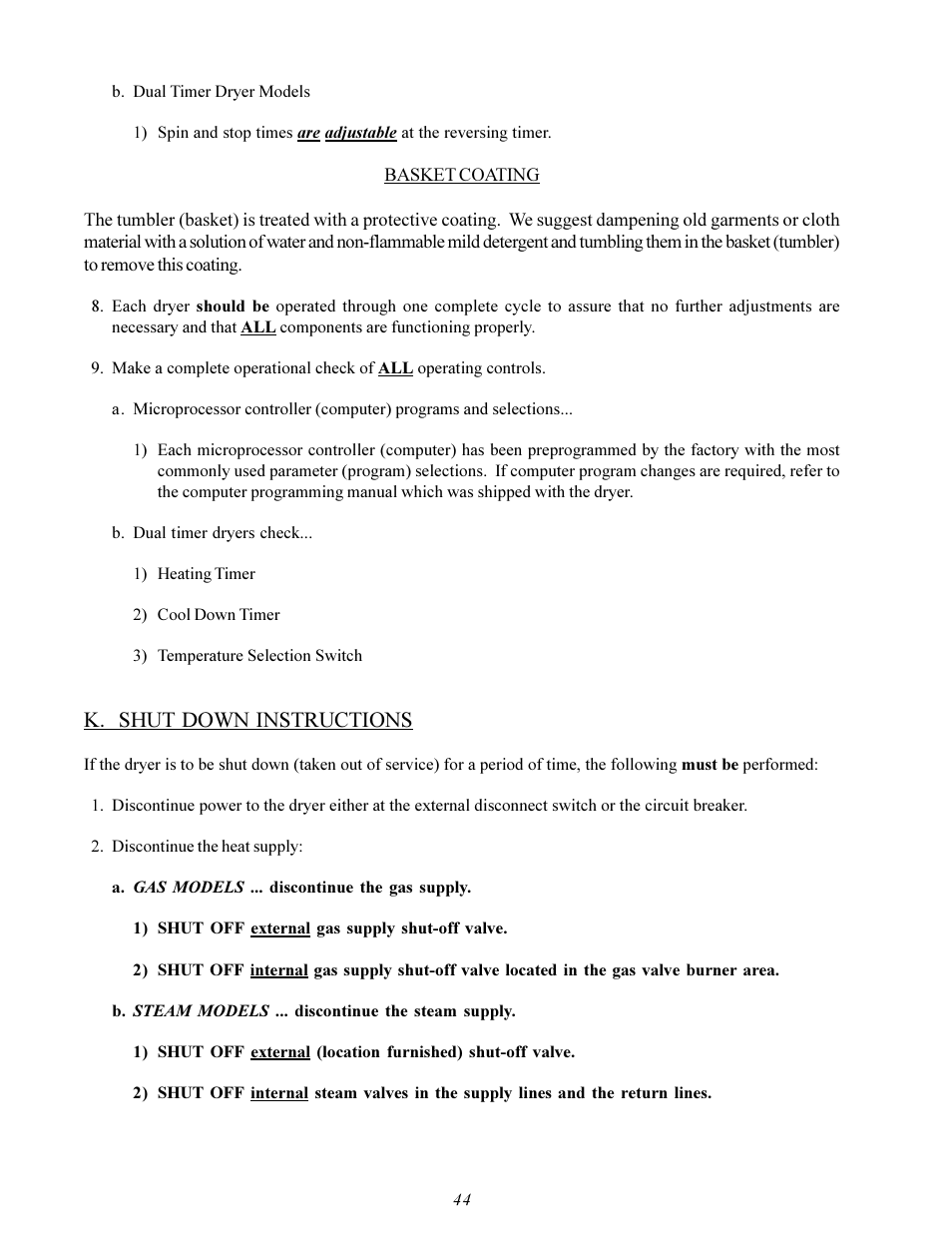 K. shut down instructions | American Dryer Corp. AD-115ES User Manual | Page 48 / 67