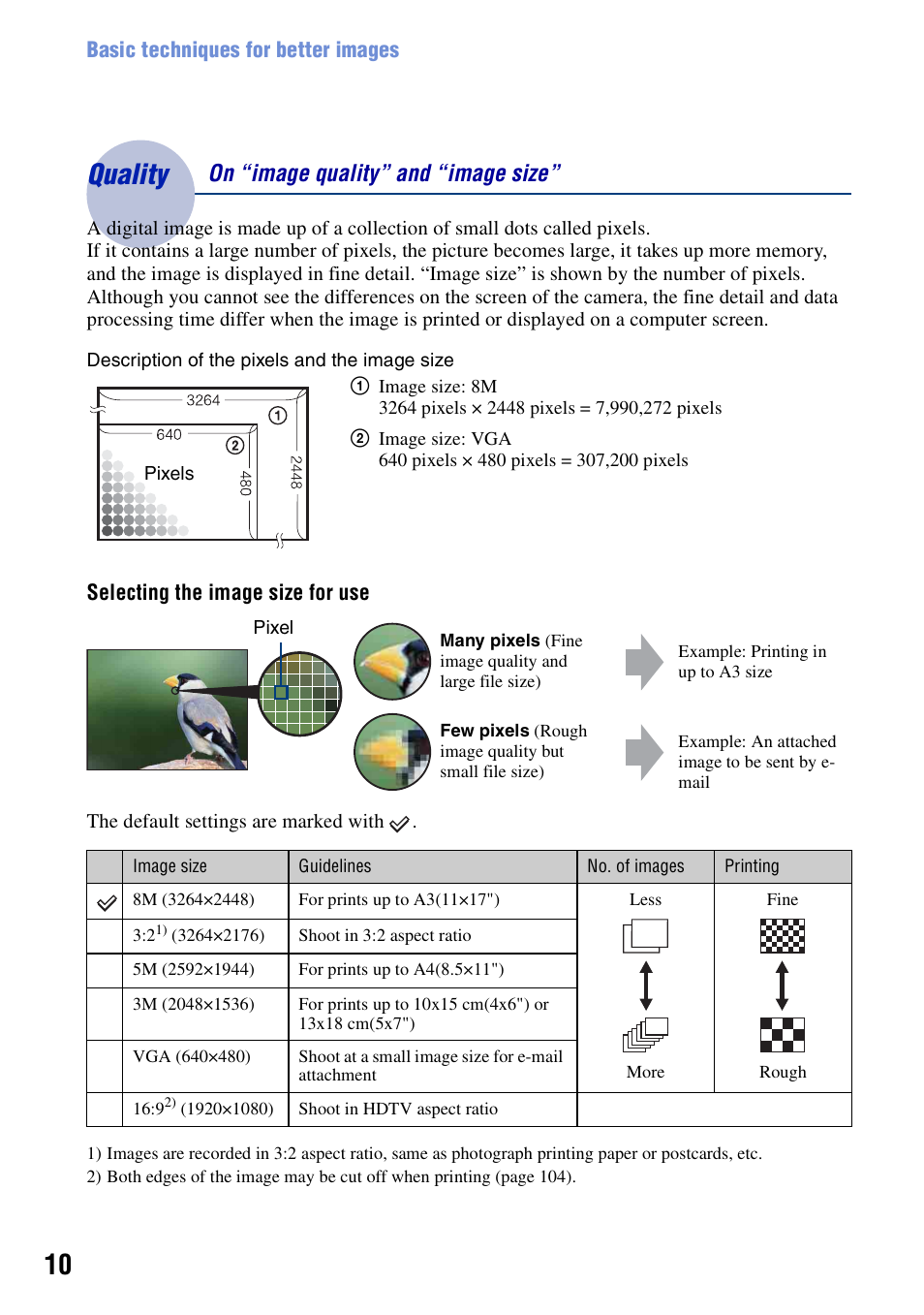 Quality, Quality – on “image quality” and “image size, On “image quality” and “image size | Sony DSC-T100 User Manual | Page 10 / 119