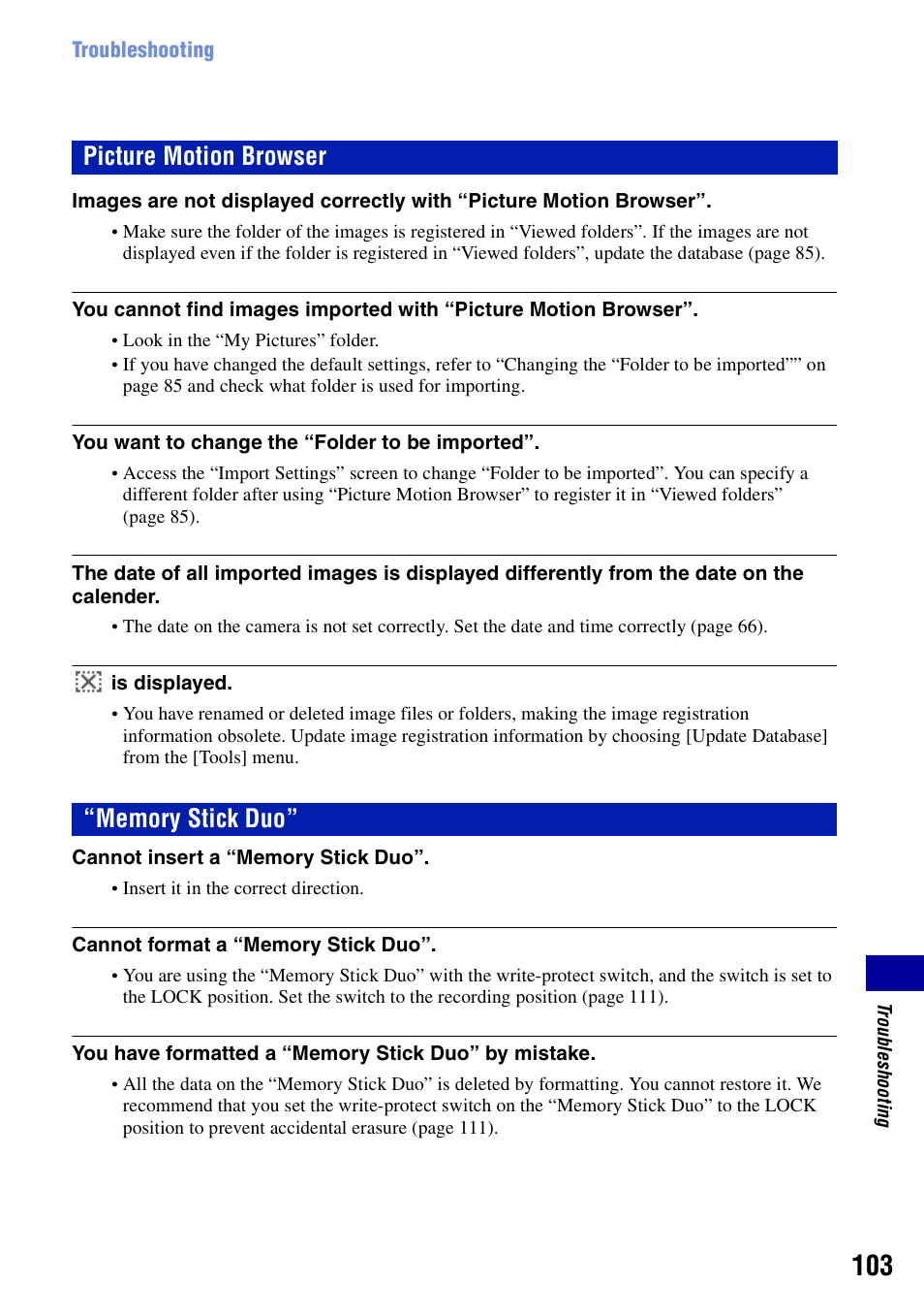 Picture motion browser, Memory stick duo | Sony DSC-T100 User Manual | Page 103 / 119
