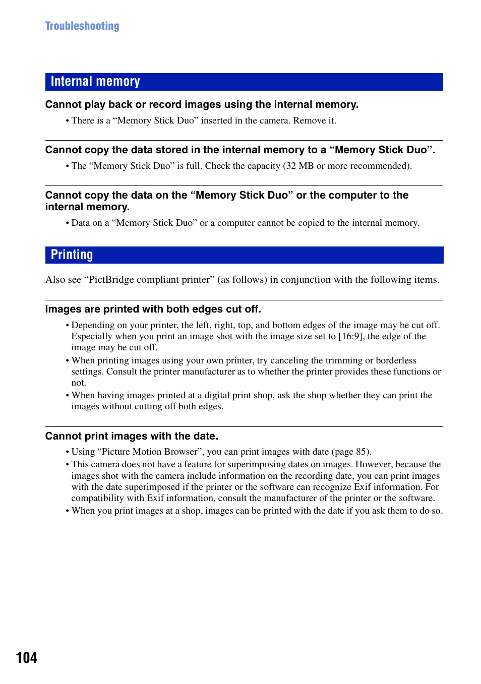 Internal memory, Printing | Sony DSC-T100 User Manual | Page 104 / 119