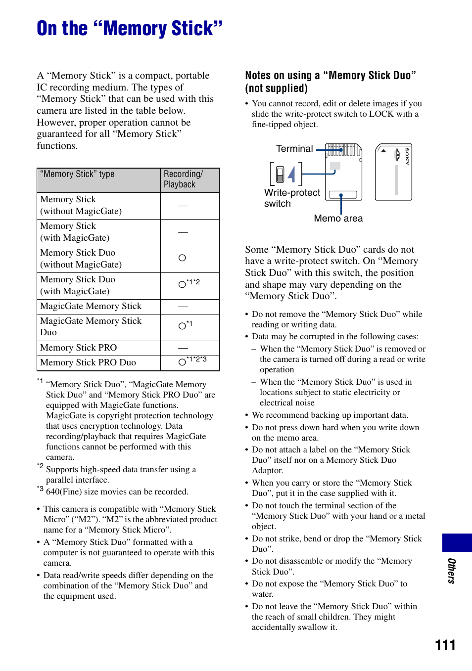 On the “memory stick | Sony DSC-T100 User Manual | Page 111 / 119