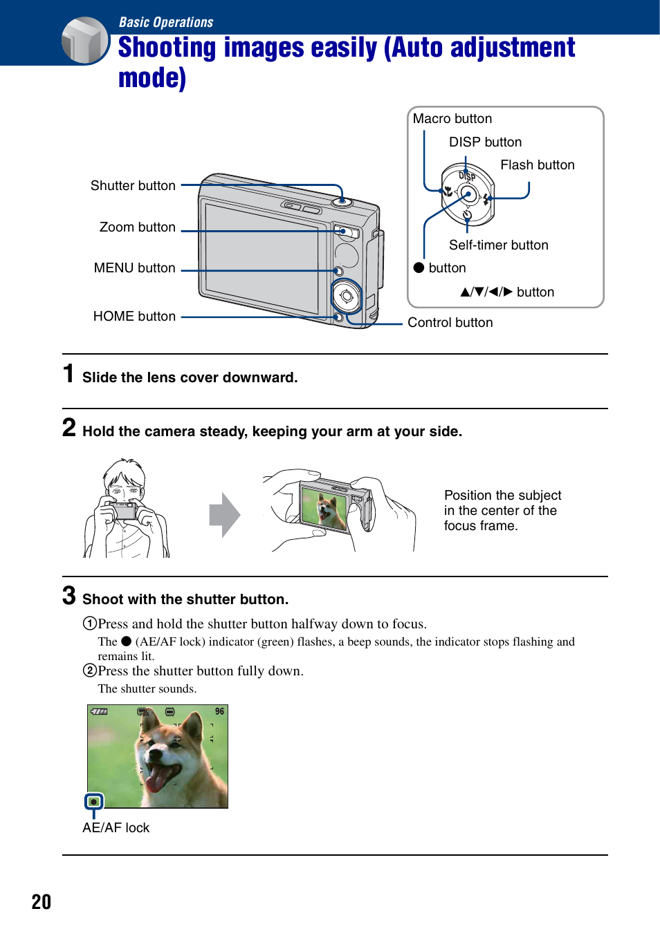 Basic operations, Shooting images easily (auto adjustment mode) | Sony DSC-T100 User Manual | Page 20 / 119