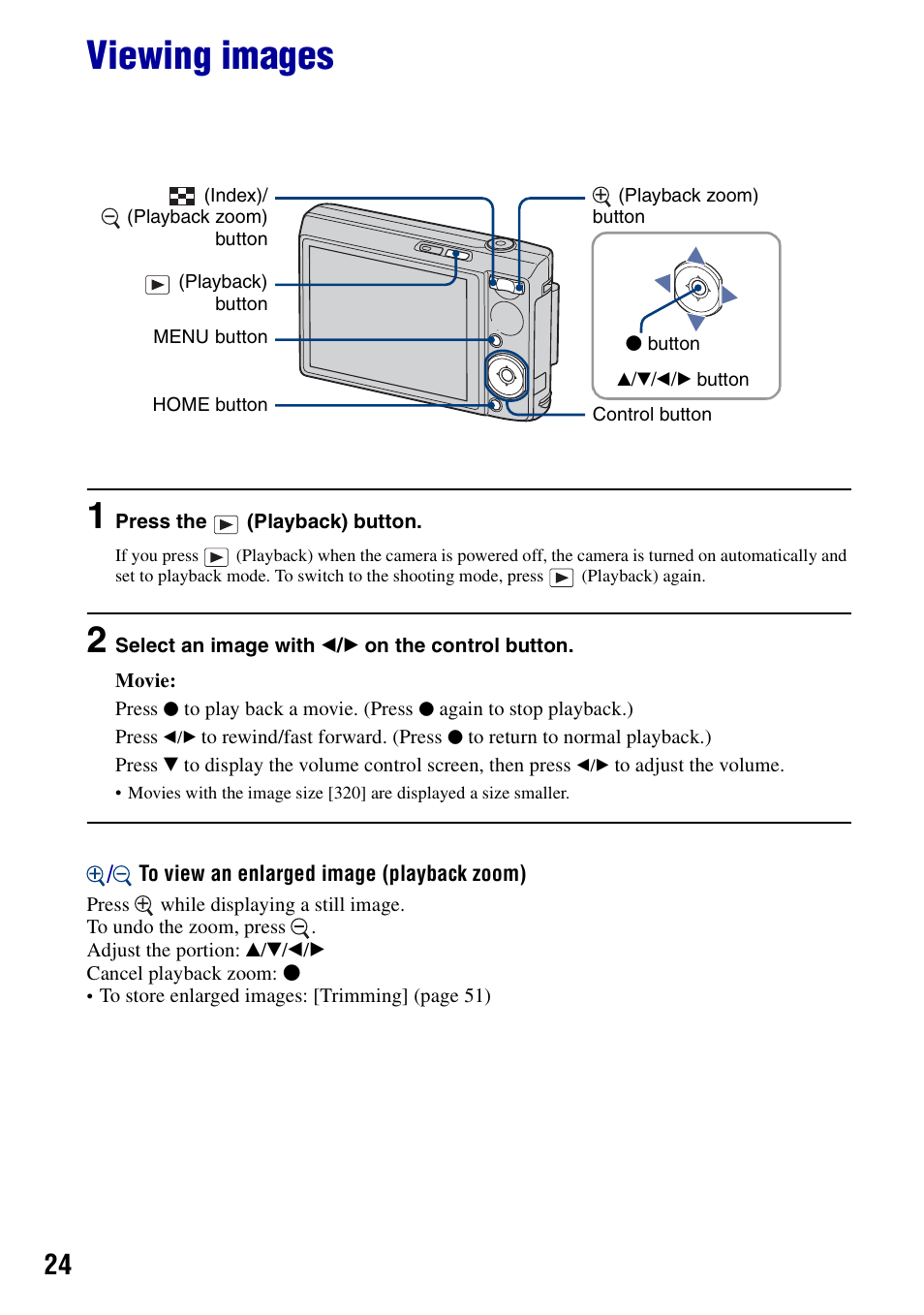 Viewing images, On (24) | Sony DSC-T100 User Manual | Page 24 / 119