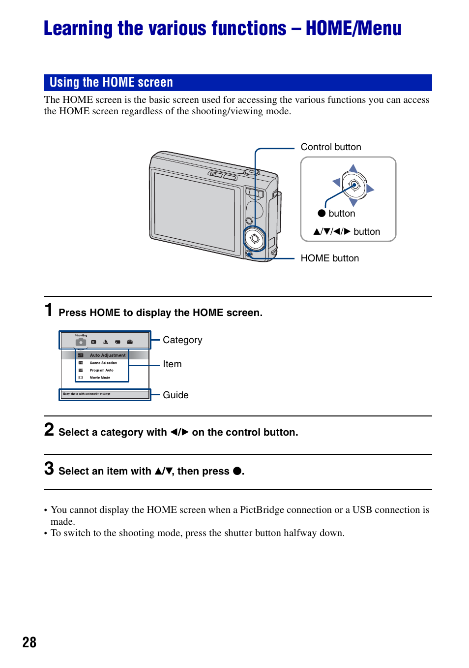 Learning the various functions - home/menu, Learning the various functions – home/menu | Sony DSC-T100 User Manual | Page 28 / 119