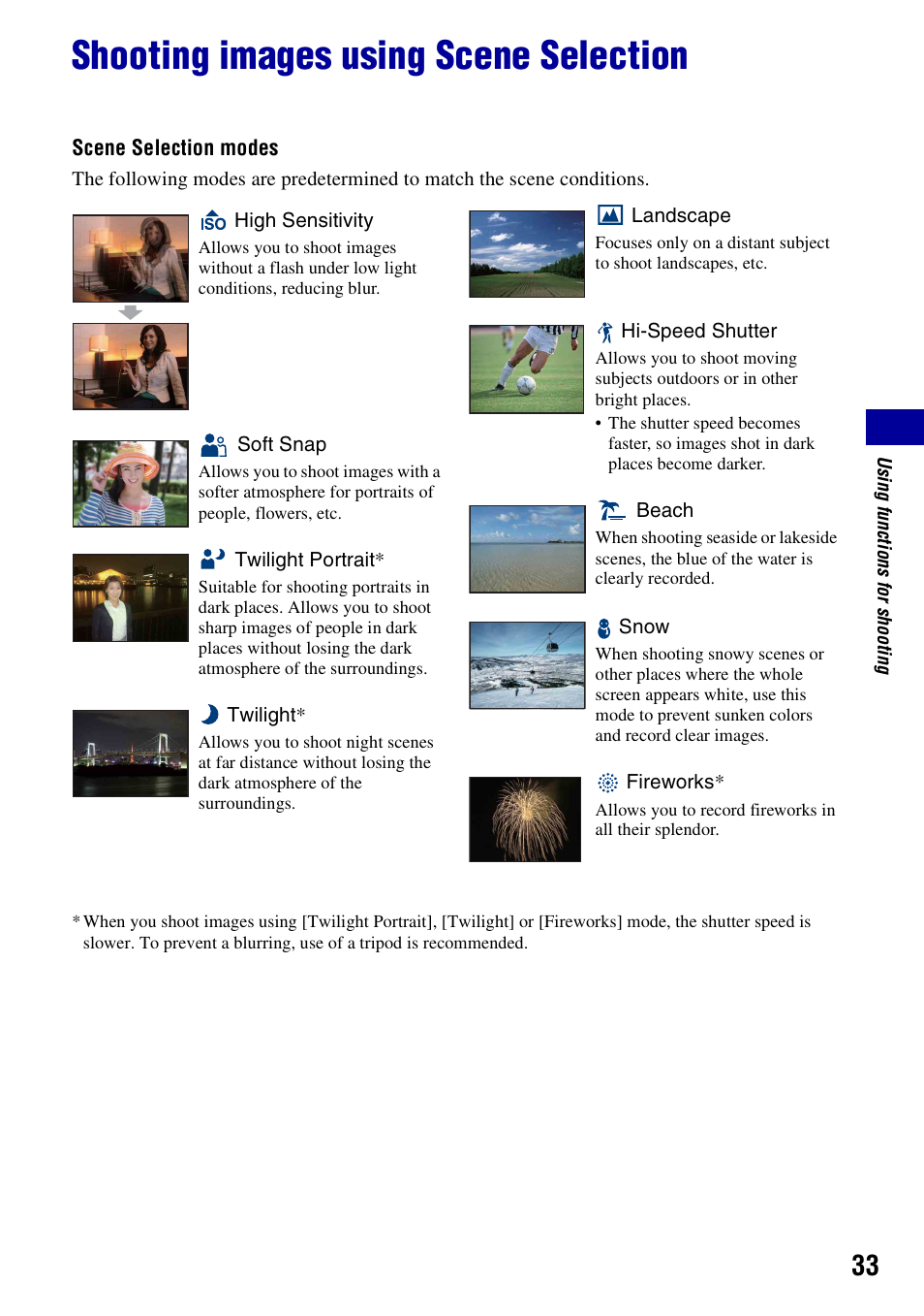Shooting images using scene selection | Sony DSC-T100 User Manual | Page 33 / 119