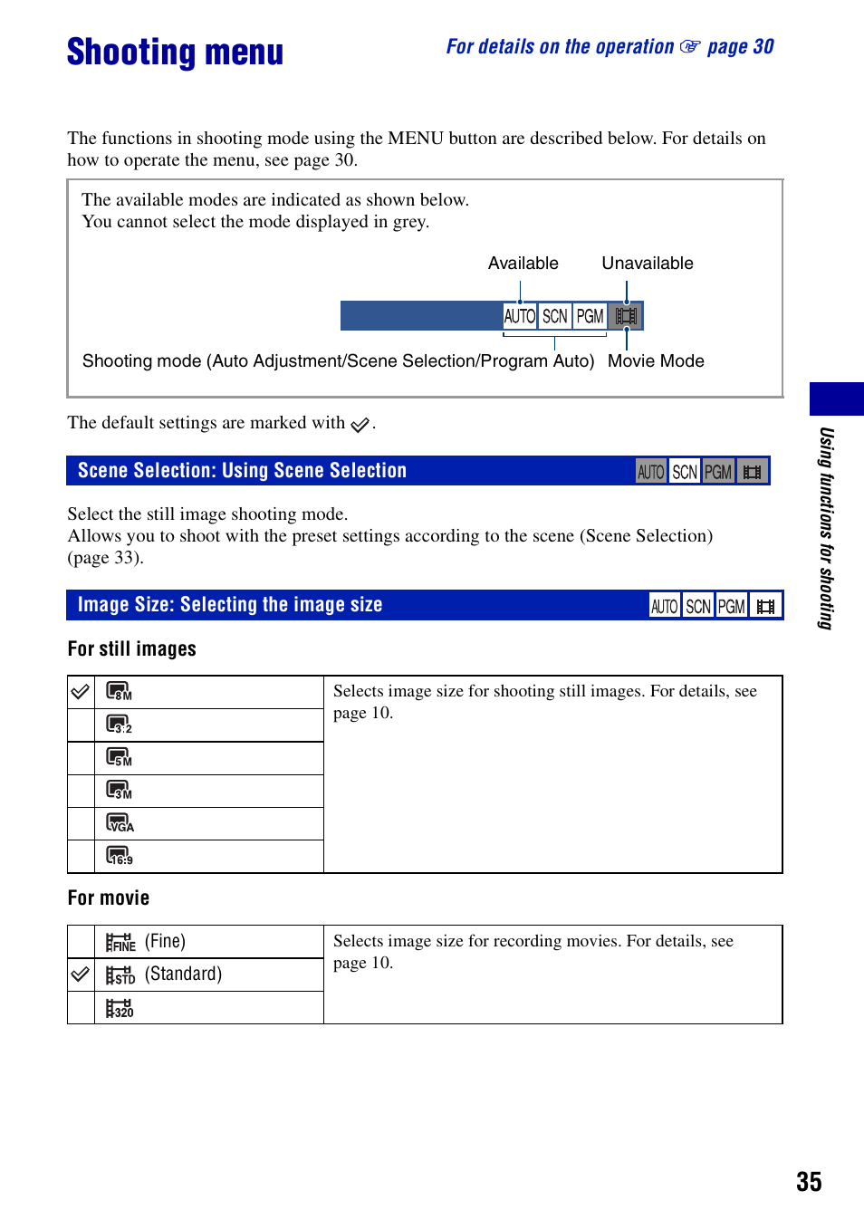 Shooting menu, Scene selection: using scene selection, Image size: selecting the image size | Sony DSC-T100 User Manual | Page 35 / 119