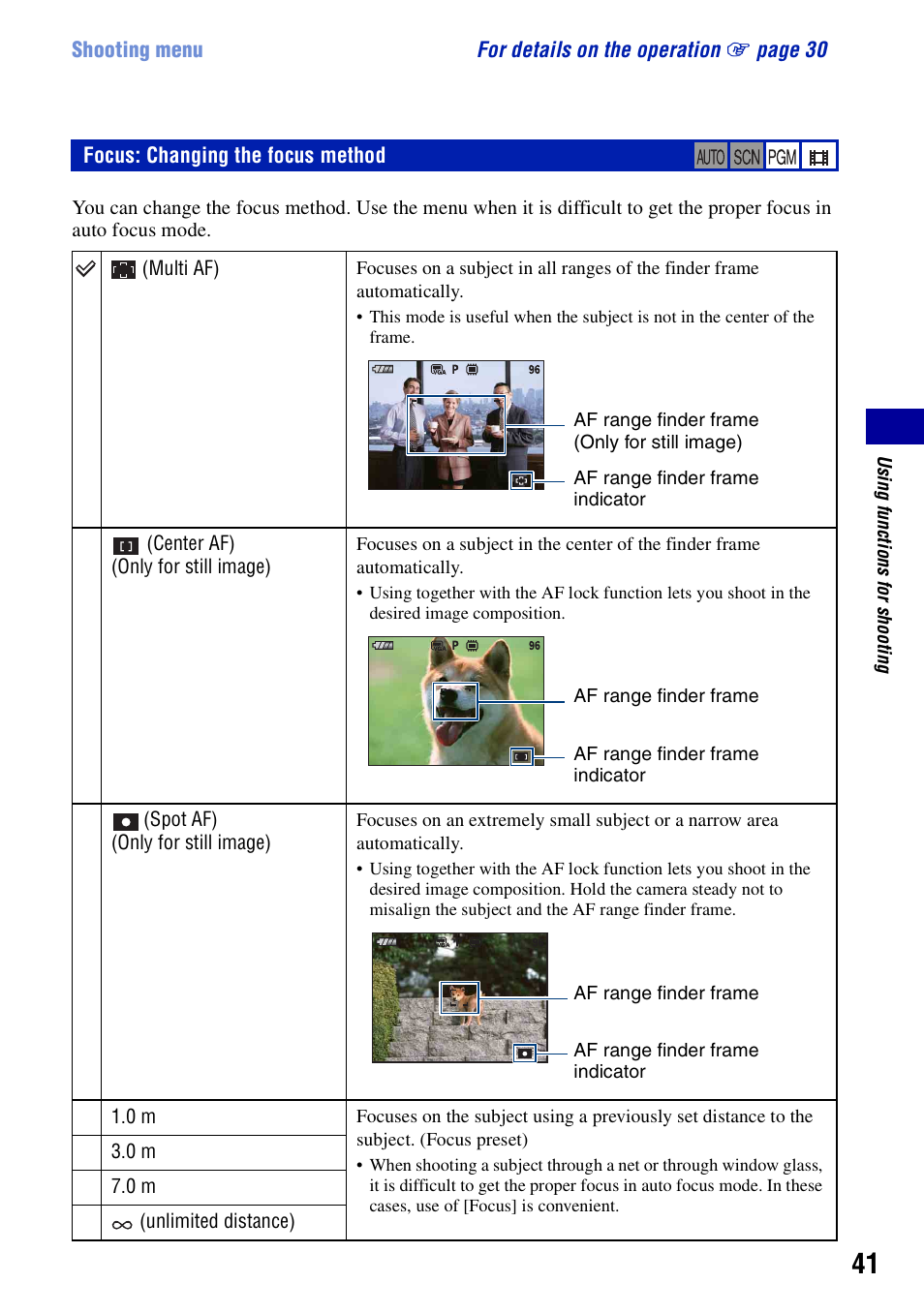 Focus: changing the focus method | Sony DSC-T100 User Manual | Page 41 / 119