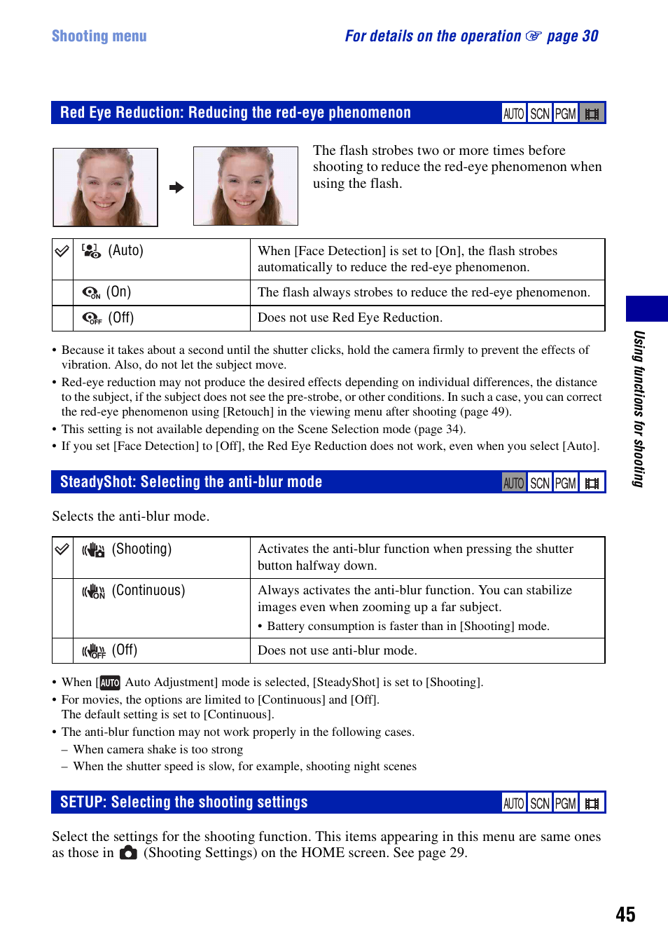 Red eye reduction: reducing the red-eye phenomenon, Steadyshot: selecting the anti-blur mode, Setup: selecting the shooting settings | Sony DSC-T100 User Manual | Page 45 / 119