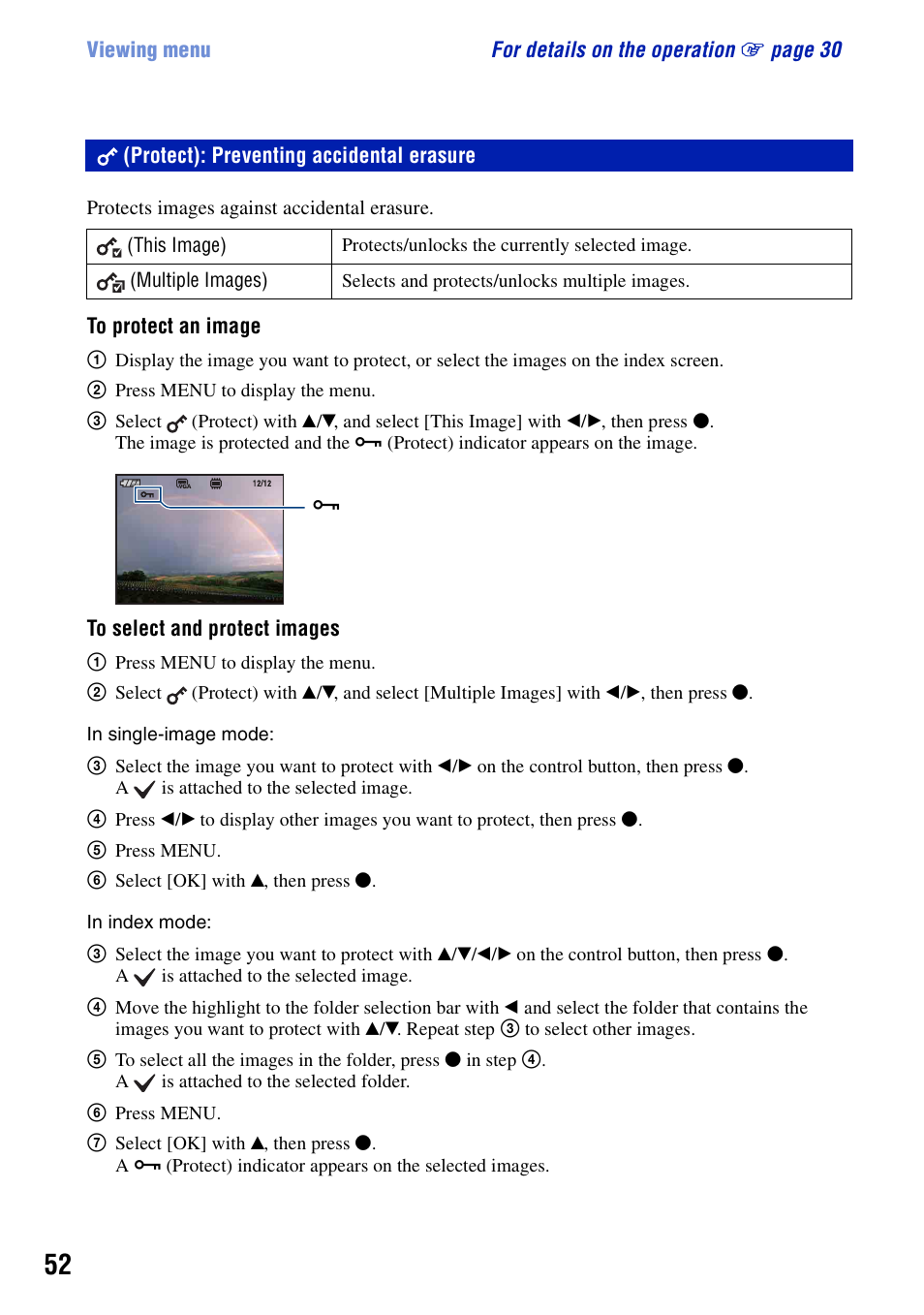 Protect: preventing accidental erasure, Protect): preventing accidental erasure | Sony DSC-T100 User Manual | Page 52 / 119