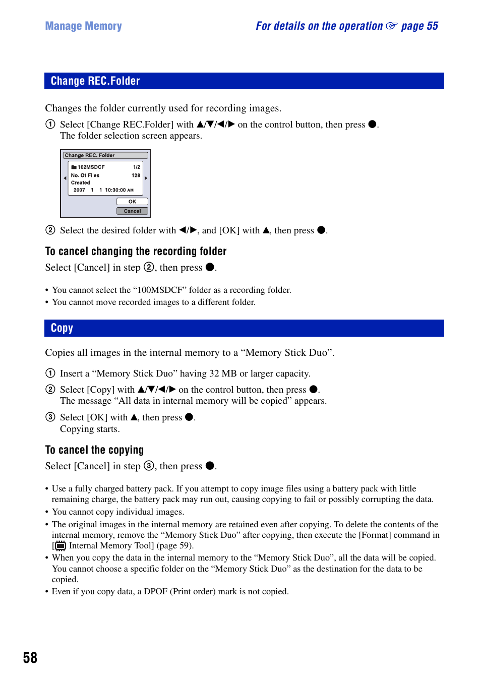 Change rec.folder, Copy, Change rec.folder copy | Sony DSC-T100 User Manual | Page 58 / 119