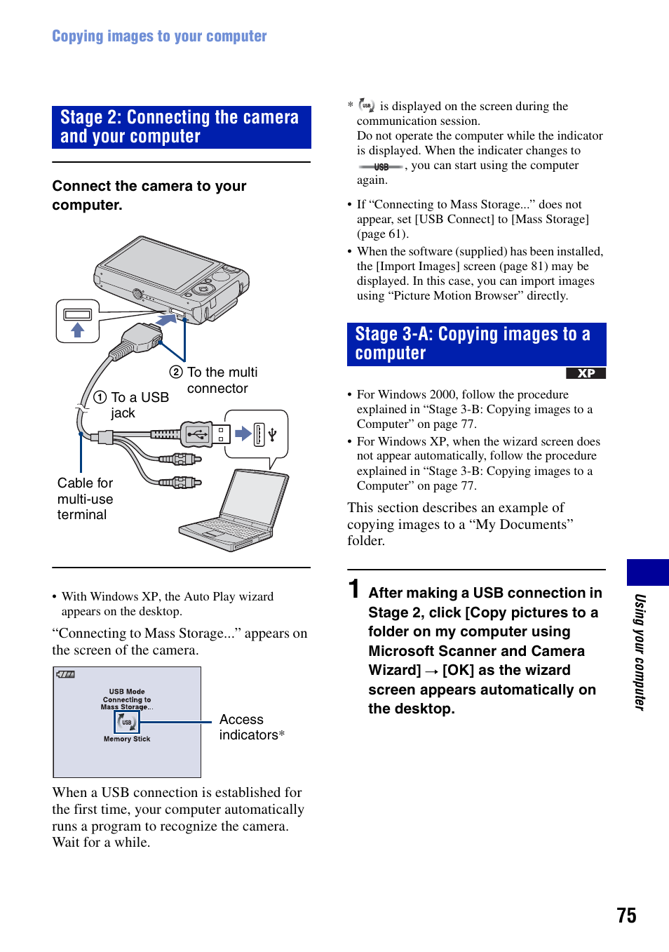 75 a, Stage 2: connecting the camera and your computer, Stage 3-a: copying images to a computer | Sony DSC-T100 User Manual | Page 75 / 119