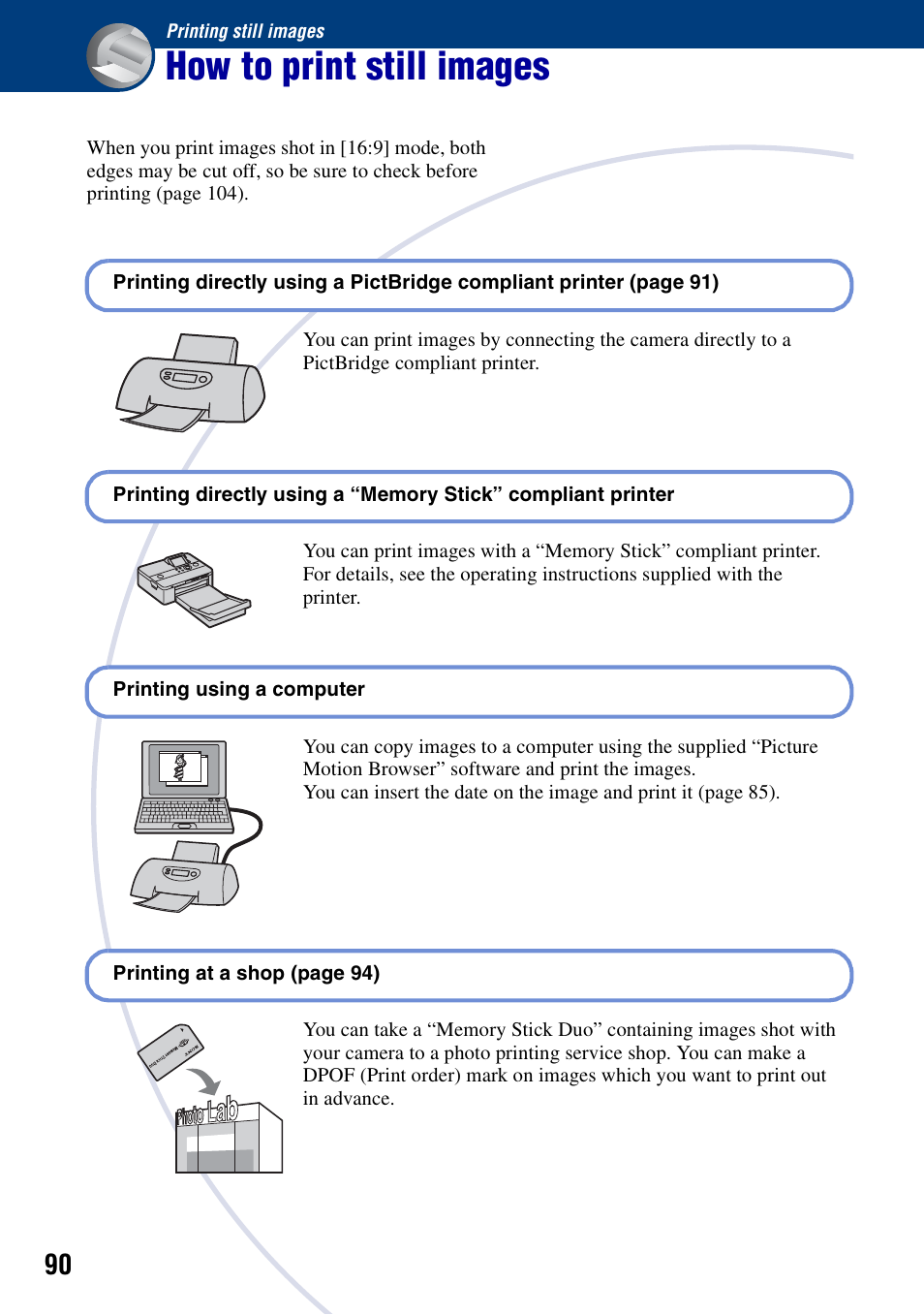 Printing still images, How to print still images | Sony DSC-T100 User Manual | Page 90 / 119