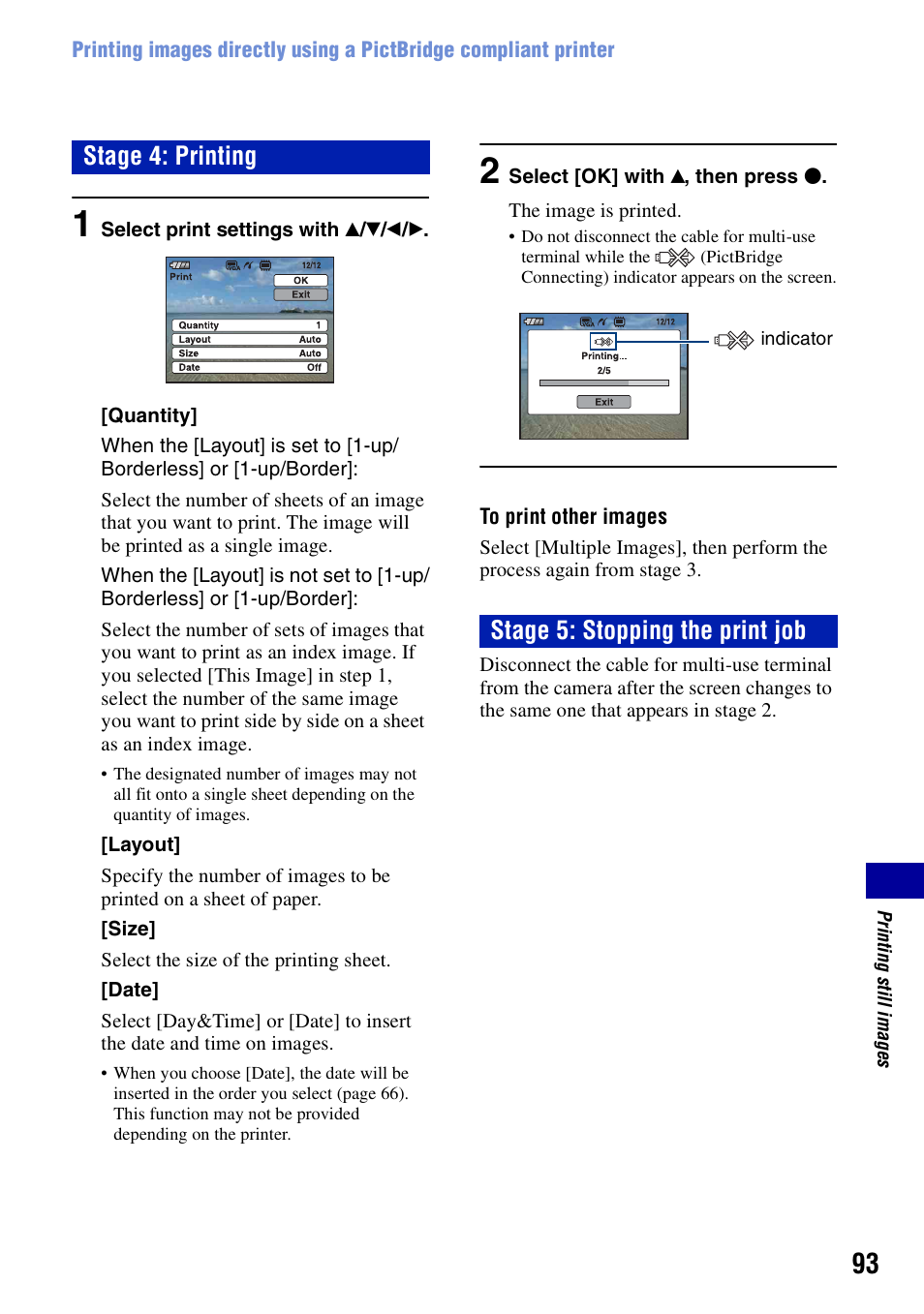 Stage 4: printing stage 5: stopping the print job | Sony DSC-T100 User Manual | Page 93 / 119