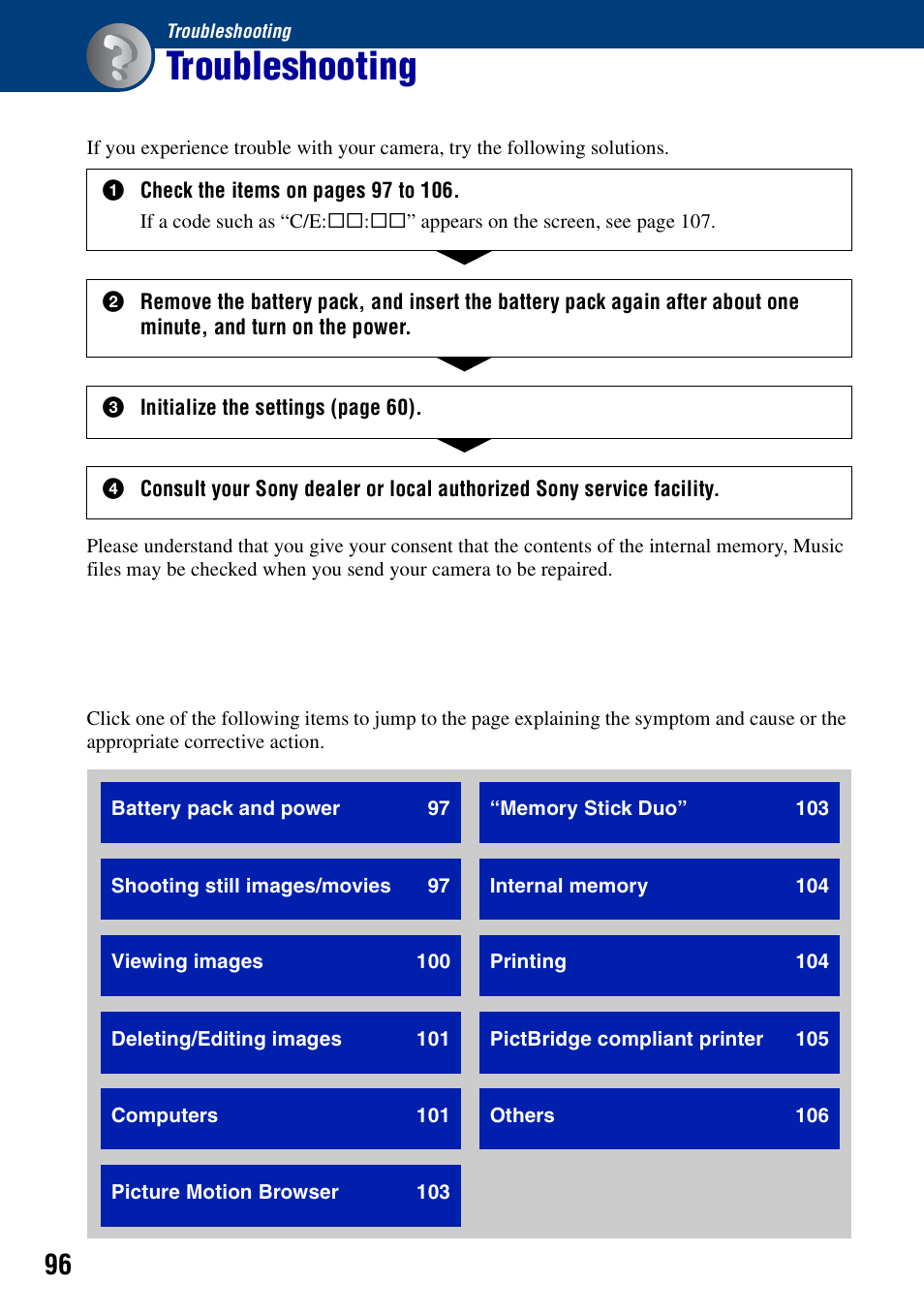 Troubleshooting | Sony DSC-T100 User Manual | Page 96 / 119