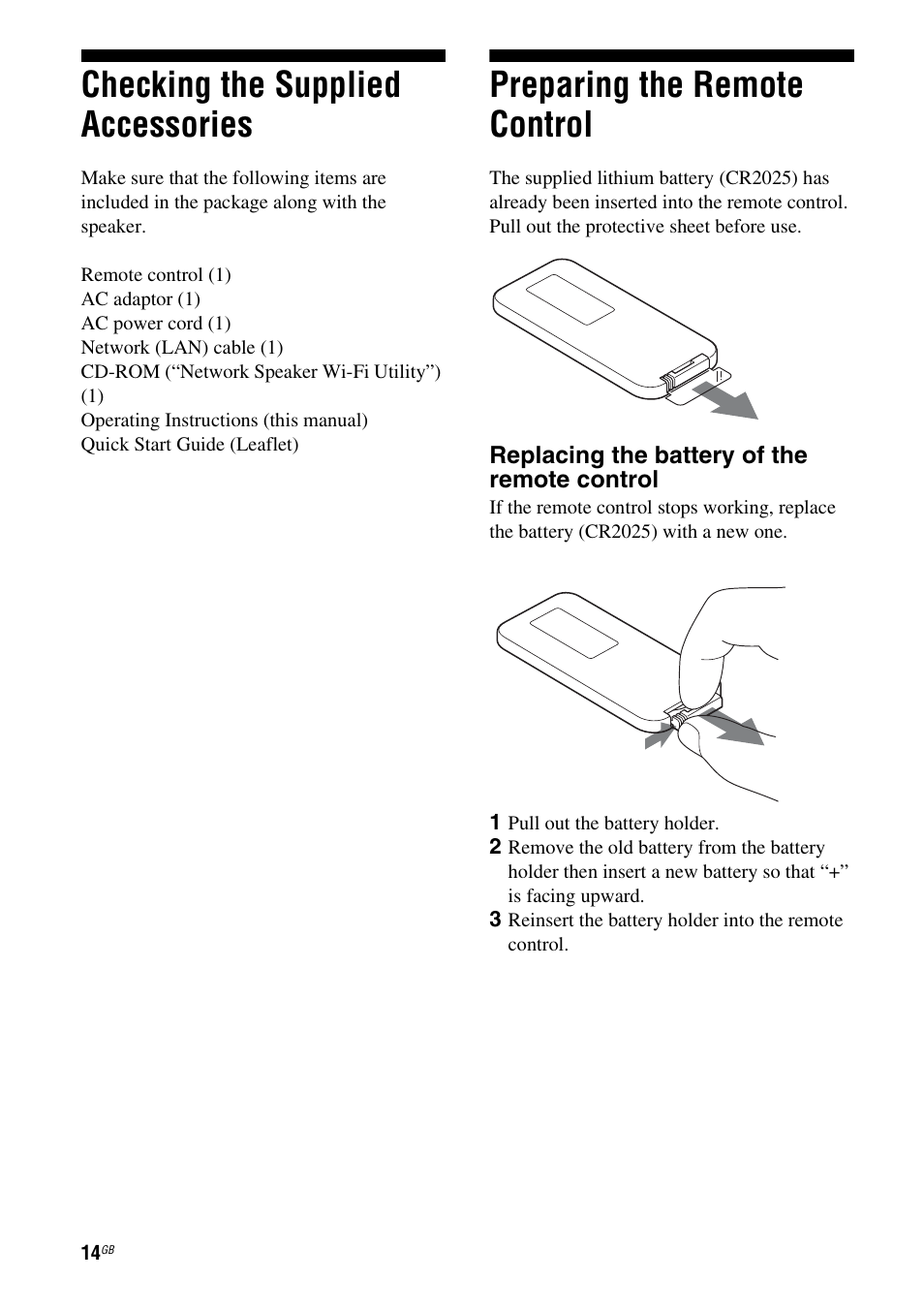 Checking the supplied accessories, Preparing the remote control | Sony SA-NS500 User Manual | Page 14 / 60