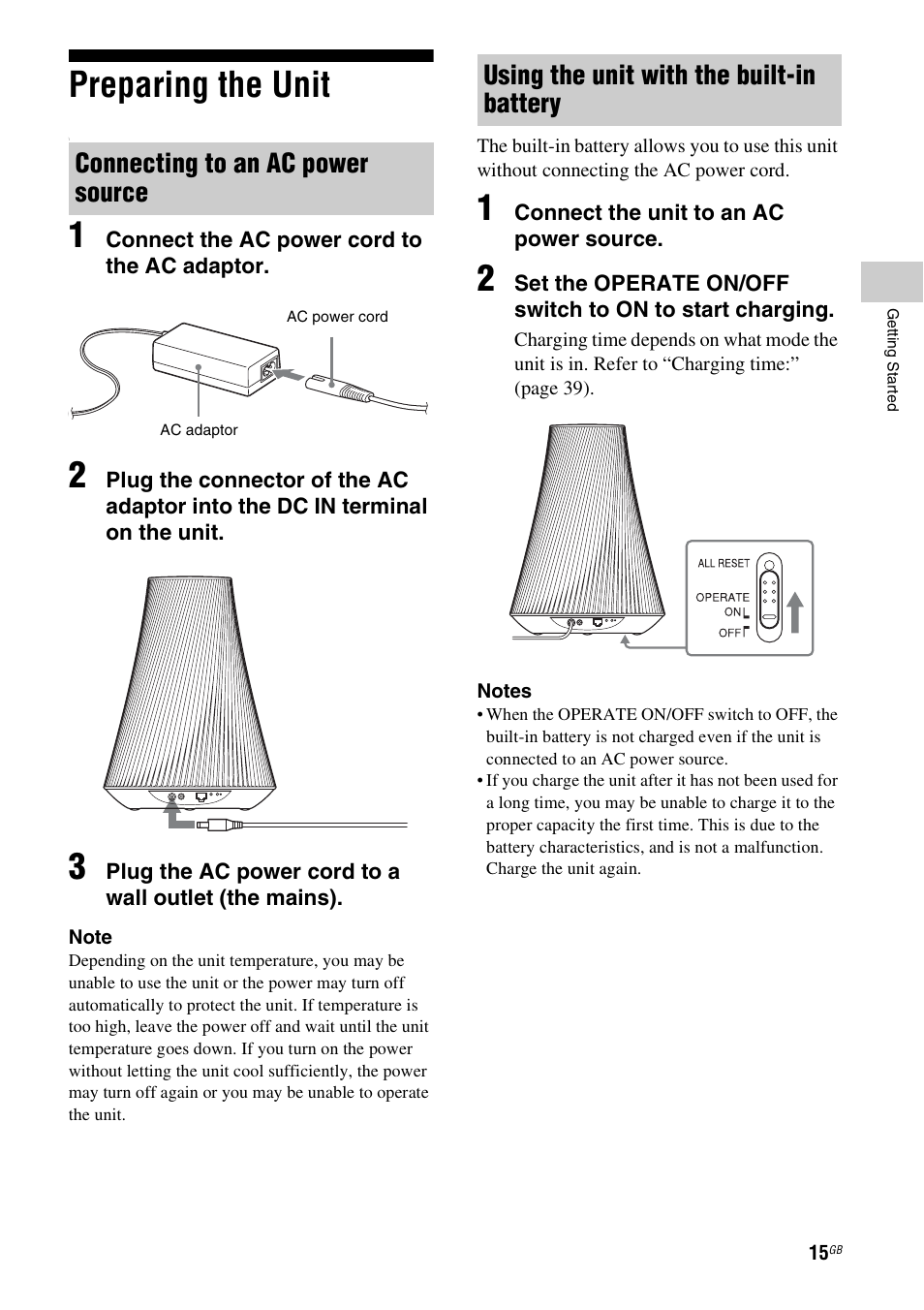 Preparing the unit, Connecting to an ac power source, Using the unit with the built-in battery | Sony SA-NS500 User Manual | Page 15 / 60