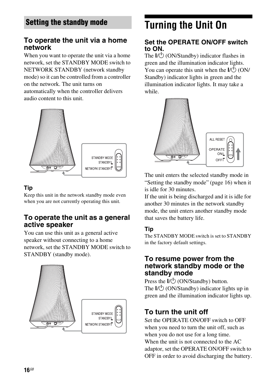 Setting the standby mode, Turning the unit on | Sony SA-NS500 User Manual | Page 16 / 60