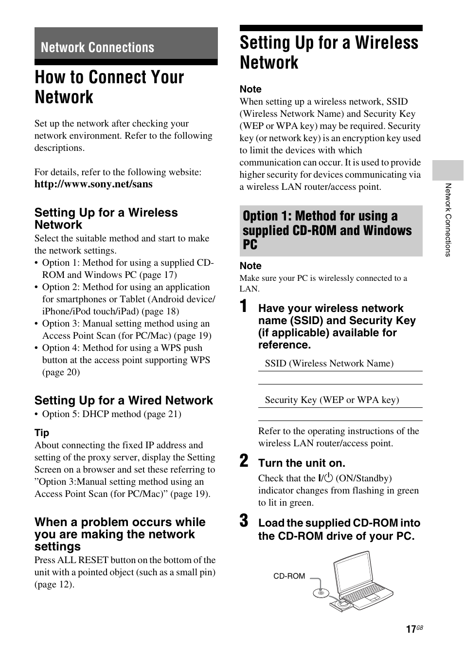 Network connections, How to connect your network, Setting up for a wireless network | Sony SA-NS500 User Manual | Page 17 / 60
