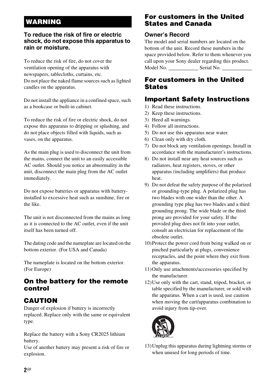 On the battery for the remote control caution, For customers in the united states and canada, Warning | Sony SA-NS500 User Manual | Page 2 / 60