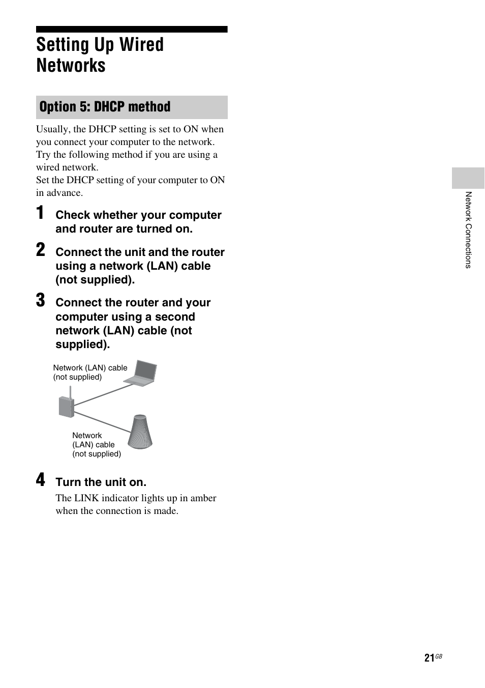 Setting up wired networks, Option 5: dhcp method | Sony SA-NS500 User Manual | Page 21 / 60