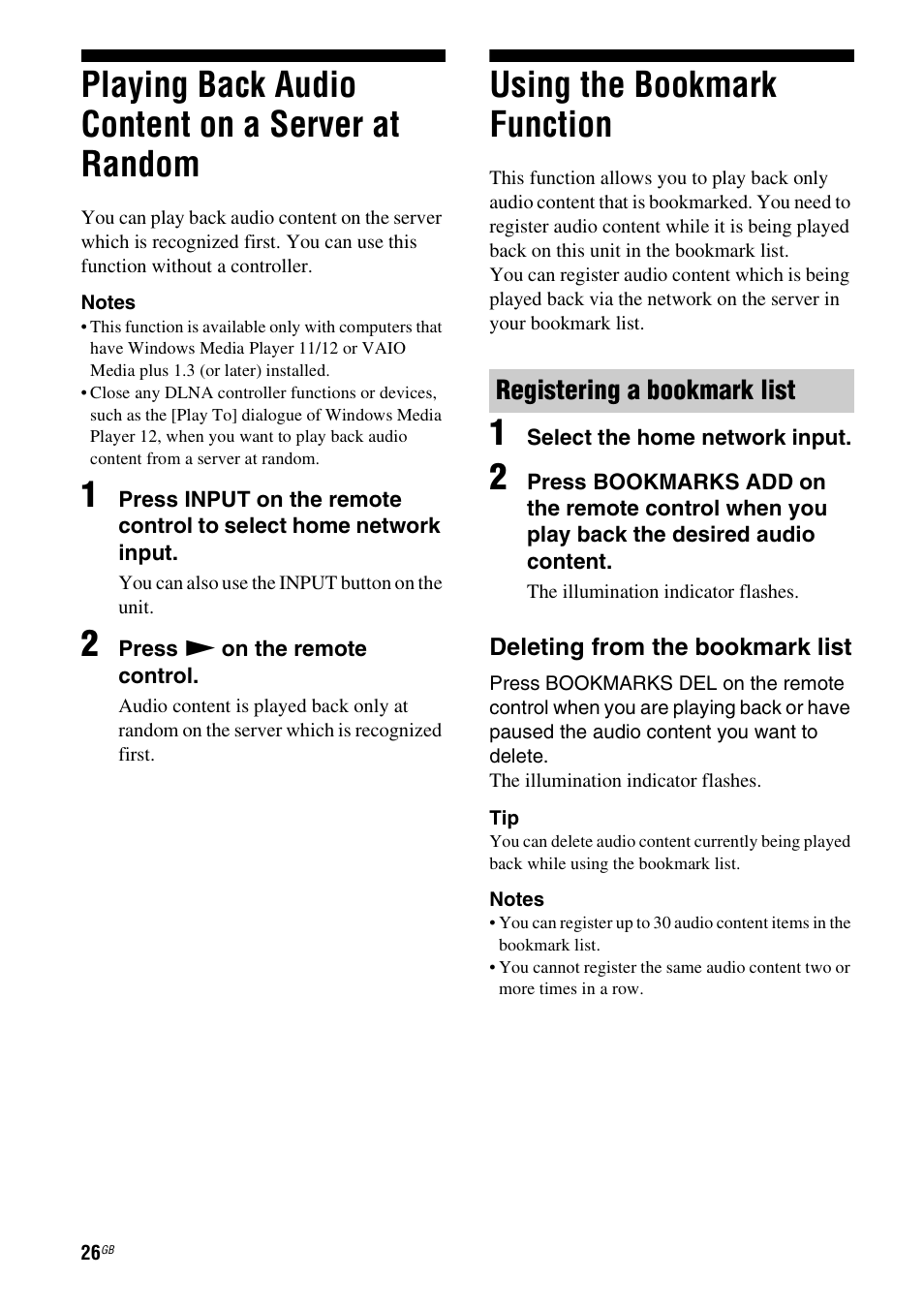 Playing back audio content on a server at random, Using the bookmark function, Registering a bookmark list | Playing back audio content on a server at, Random | Sony SA-NS500 User Manual | Page 26 / 60