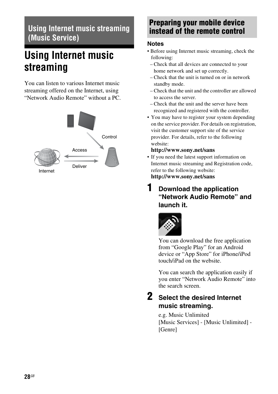 Using internet music streaming (music service), Using internet music streaming | Sony SA-NS500 User Manual | Page 28 / 60