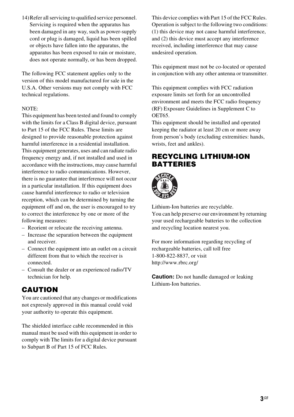 Caution, Recycling lithium-ion batteries | Sony SA-NS500 User Manual | Page 3 / 60