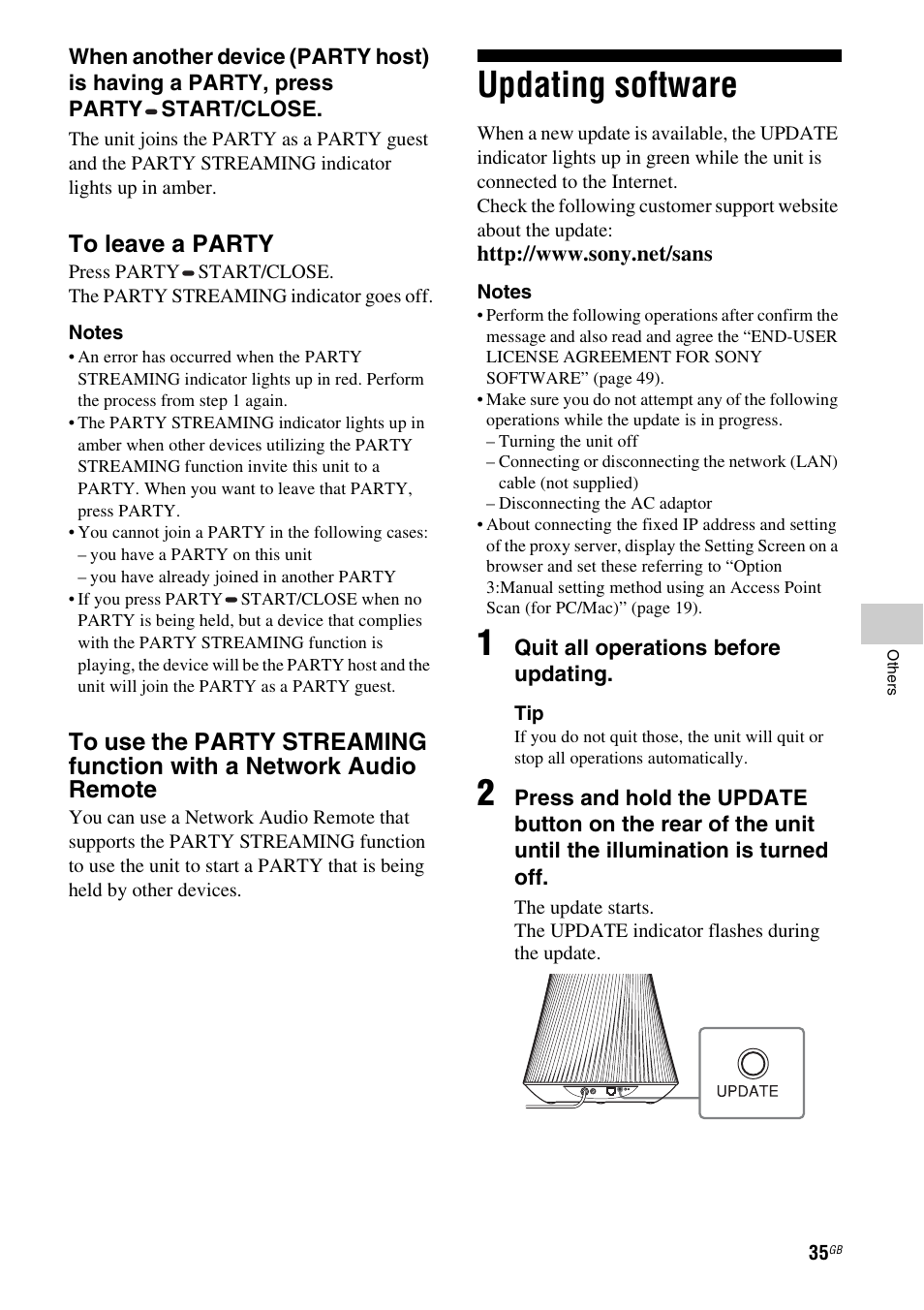 Updating software | Sony SA-NS500 User Manual | Page 35 / 60