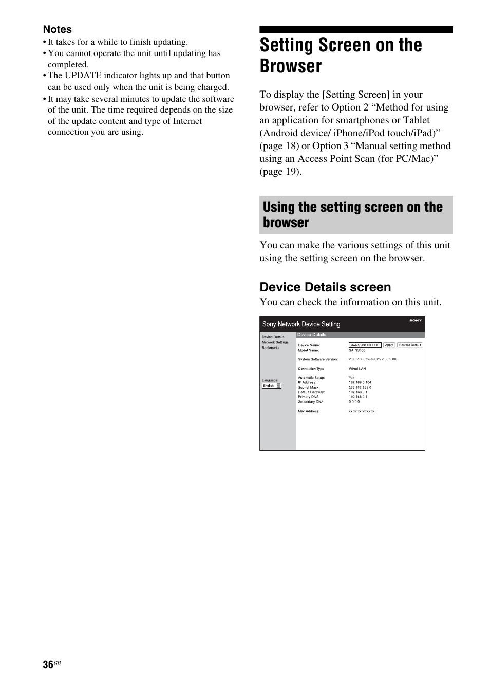 Setting screen on the browser, Using the setting screen on the browser, Device details screen | Sony SA-NS500 User Manual | Page 36 / 60