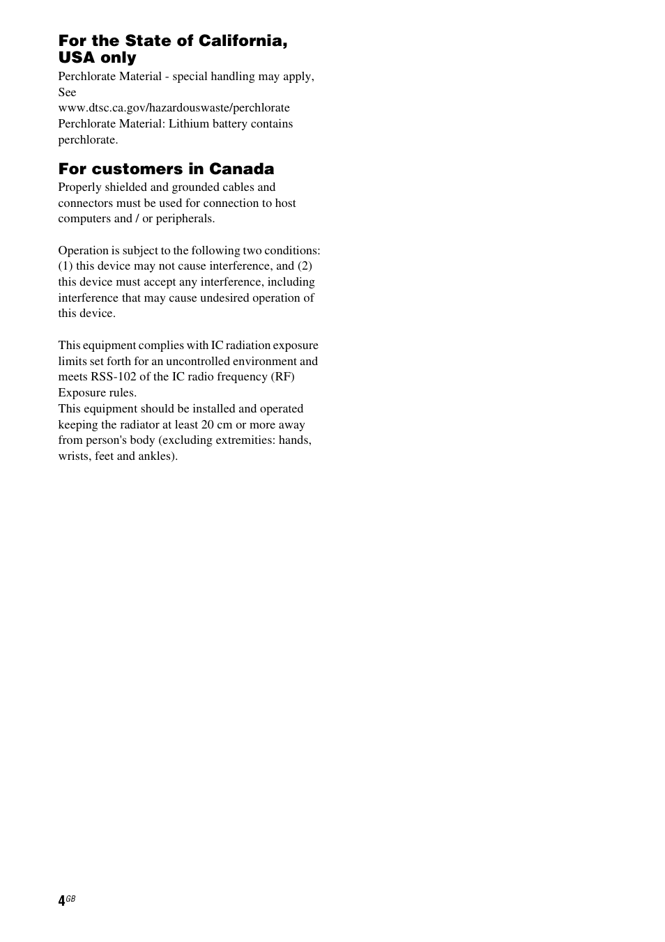 For the state of california, usa only, For customers in canada | Sony SA-NS500 User Manual | Page 4 / 60