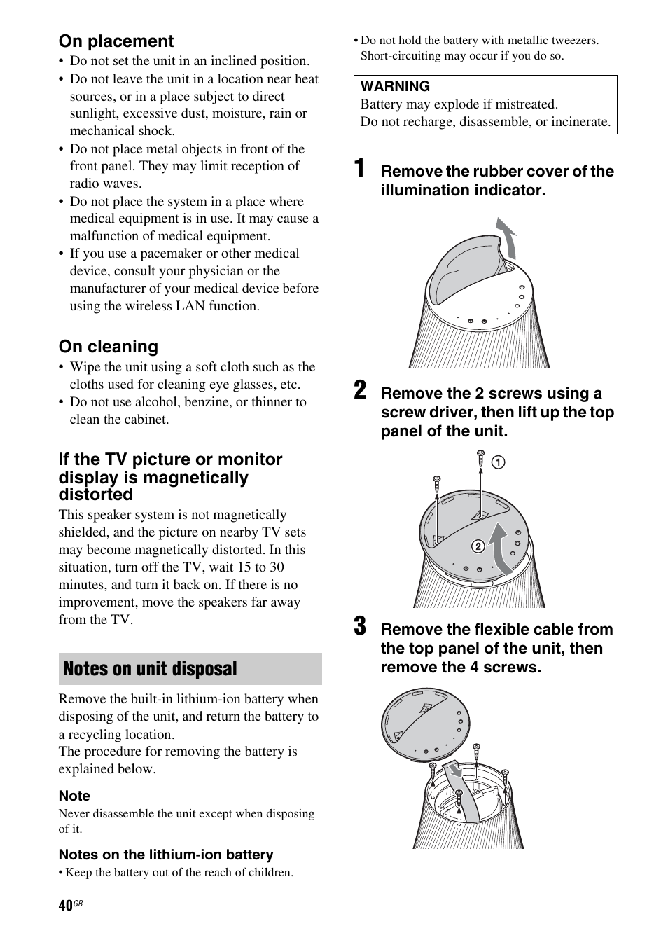 Notes on unit disposal | Sony SA-NS500 User Manual | Page 40 / 60