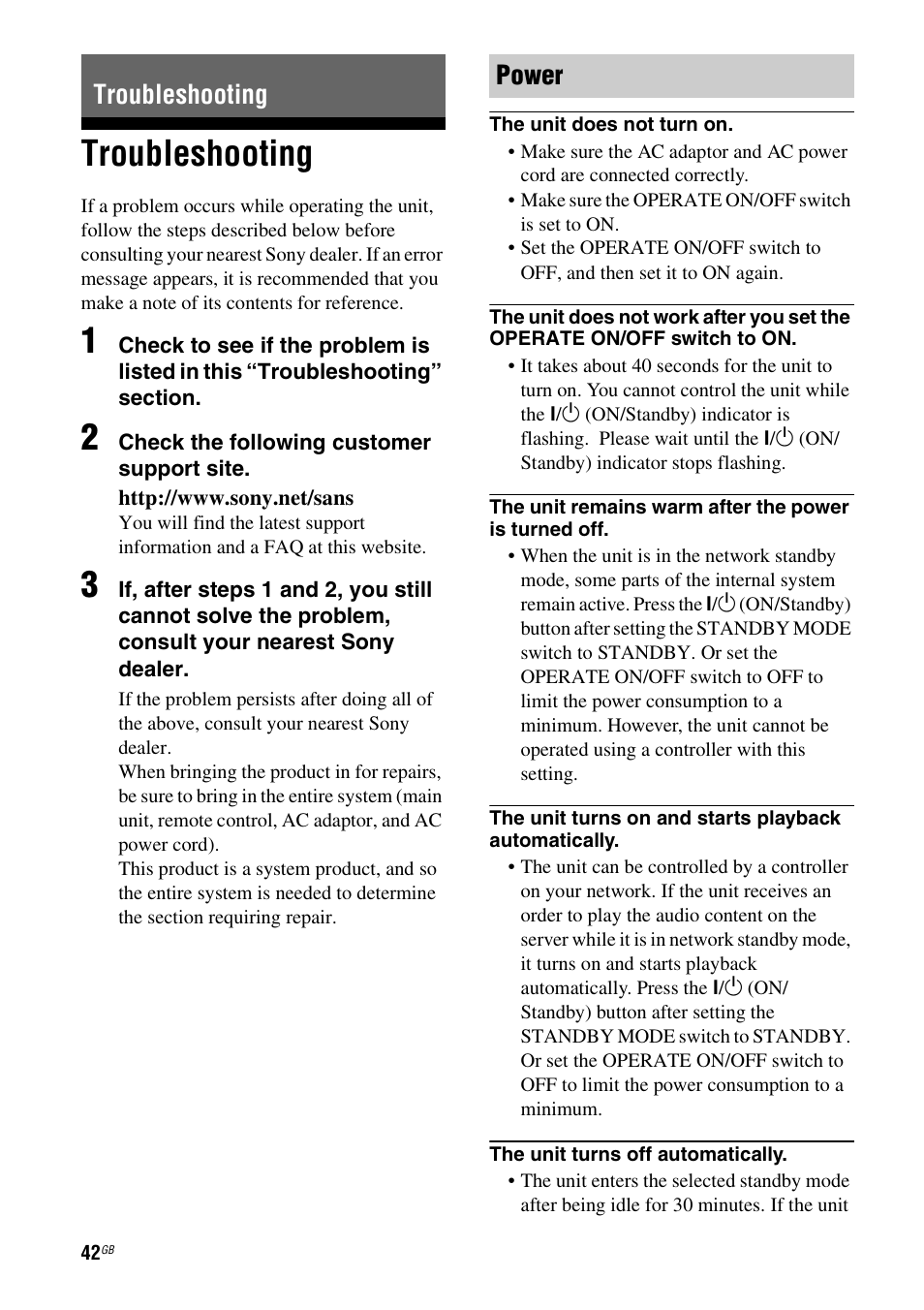 Troubleshooting, Troubleshooting power | Sony SA-NS500 User Manual | Page 42 / 60