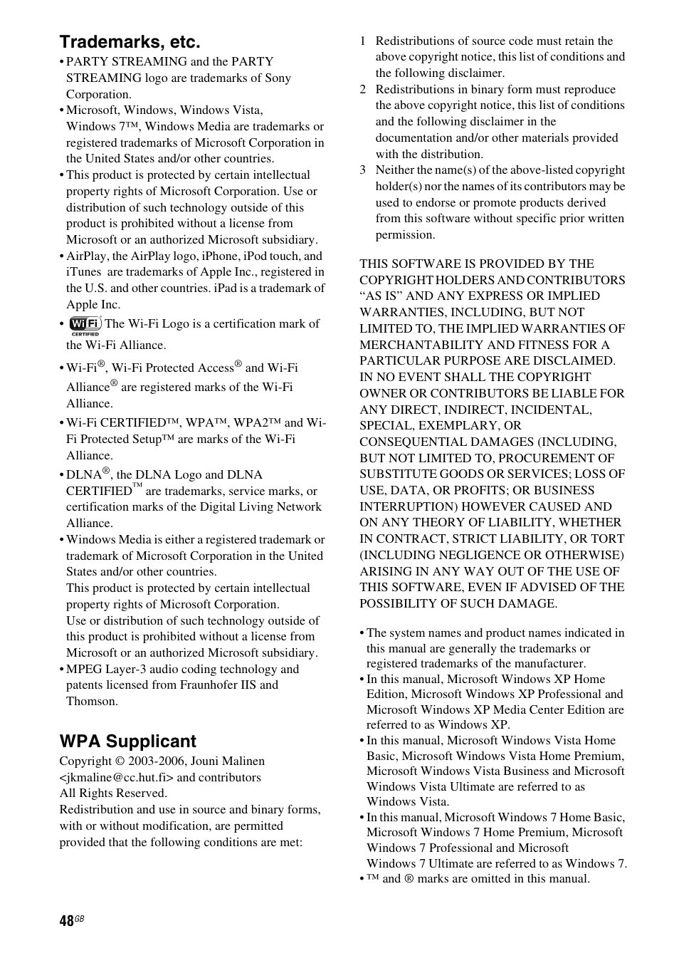 Trademarks, etc, Wpa supplicant | Sony SA-NS500 User Manual | Page 48 / 60