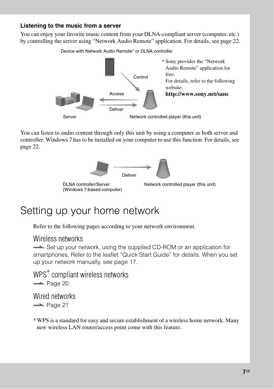 Setting up your home network, Wireless networks, Compliant wireless networks | Wired networks | Sony SA-NS500 User Manual | Page 7 / 60